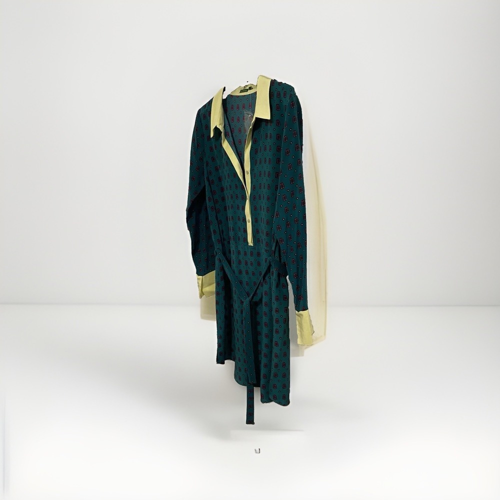 {tl} The letter 100% Silk Shirt Dress‎  Teal Green Yellow Geometric Print Size L - Picture 3 of 7